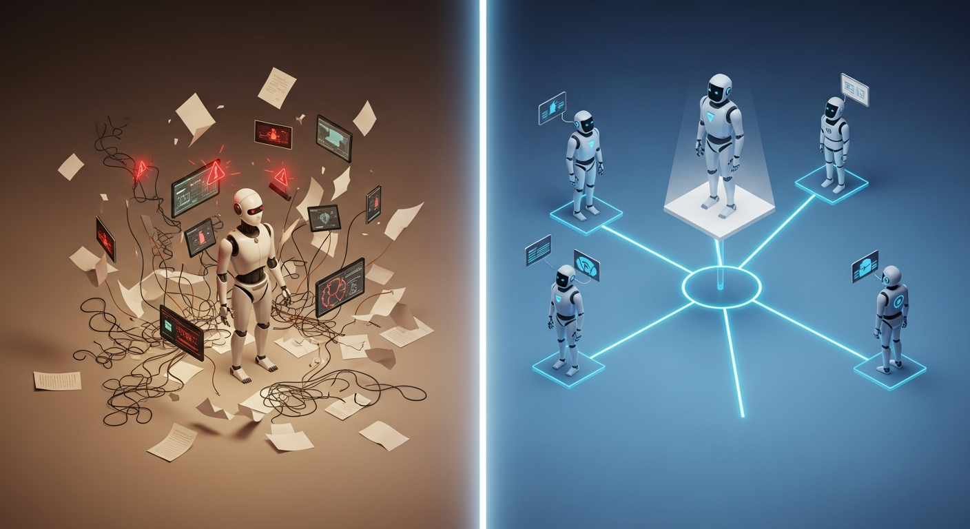 Single Agent vs. Agent Team — the contrast between isolated work and coordinated orchestration