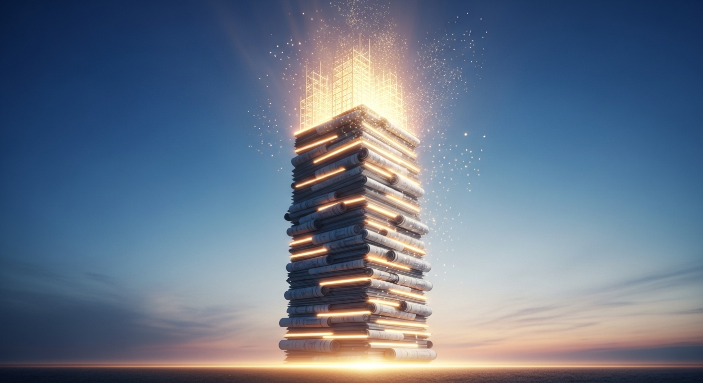 Stars vs Production - a pillar of blueprints dissolving at the top