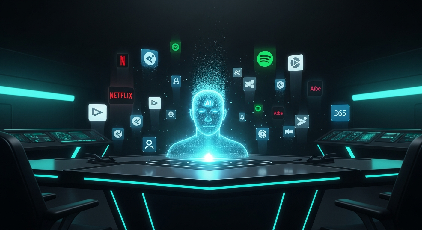 AI agent replacing SaaS subscriptions at a futuristic command center