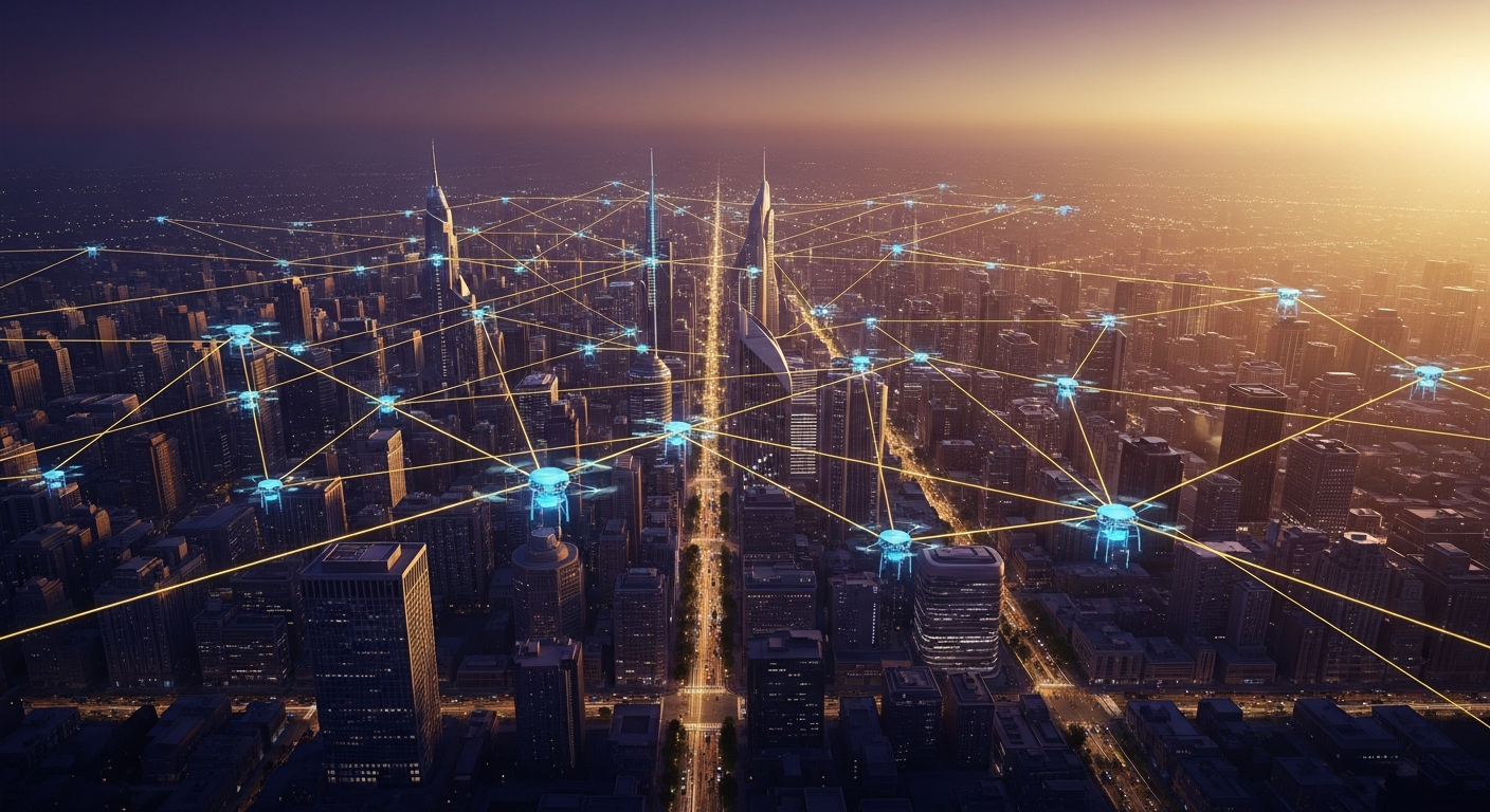 The Network City - agents transacting across a futuristic skyline