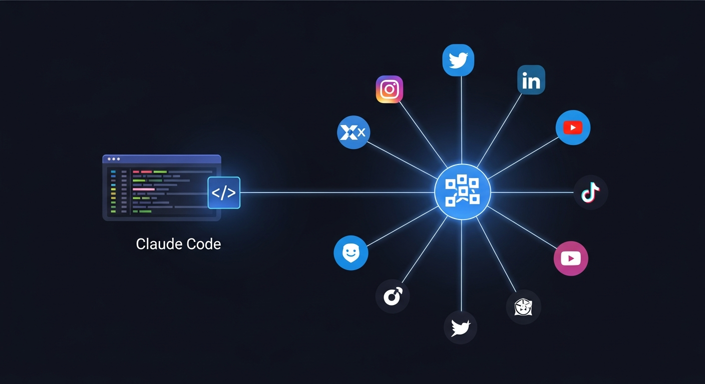 Architecture diagram showing Postiz as a hub connecting Claude Code to multiple social platforms including Instagram