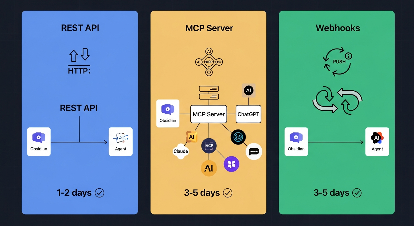 Three integration approaches: REST API, MCP server, and webhooks