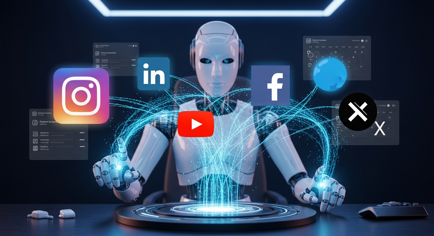 AI agent connected to multiple social media platforms through a central hub