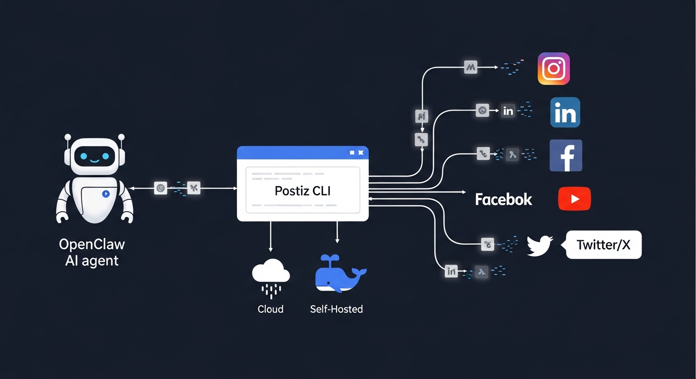 Architecture diagram showing OpenClaw agent connecting to Postiz CLI, which bridges to multiple social platforms