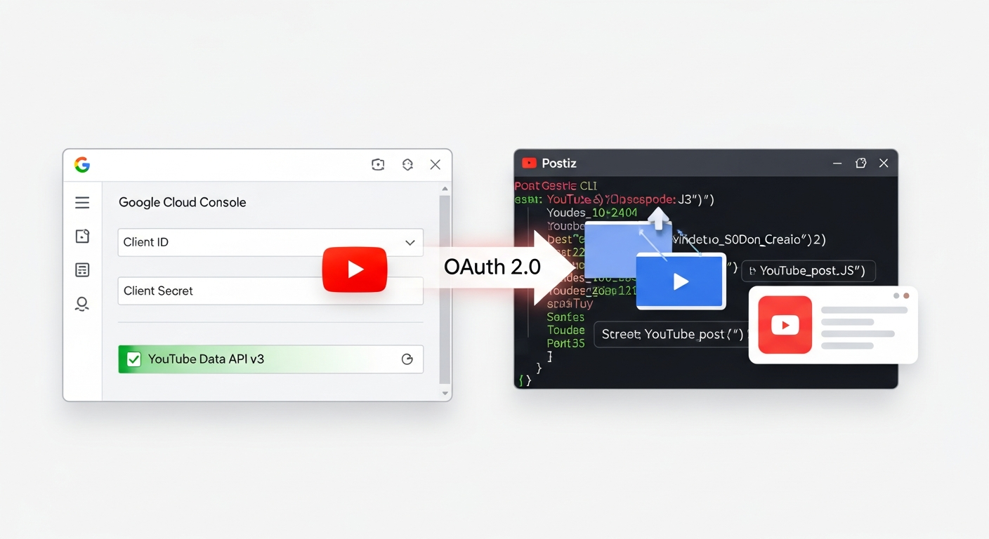 Step-by-step visual showing YouTube OAuth credential setup in Google Cloud Console