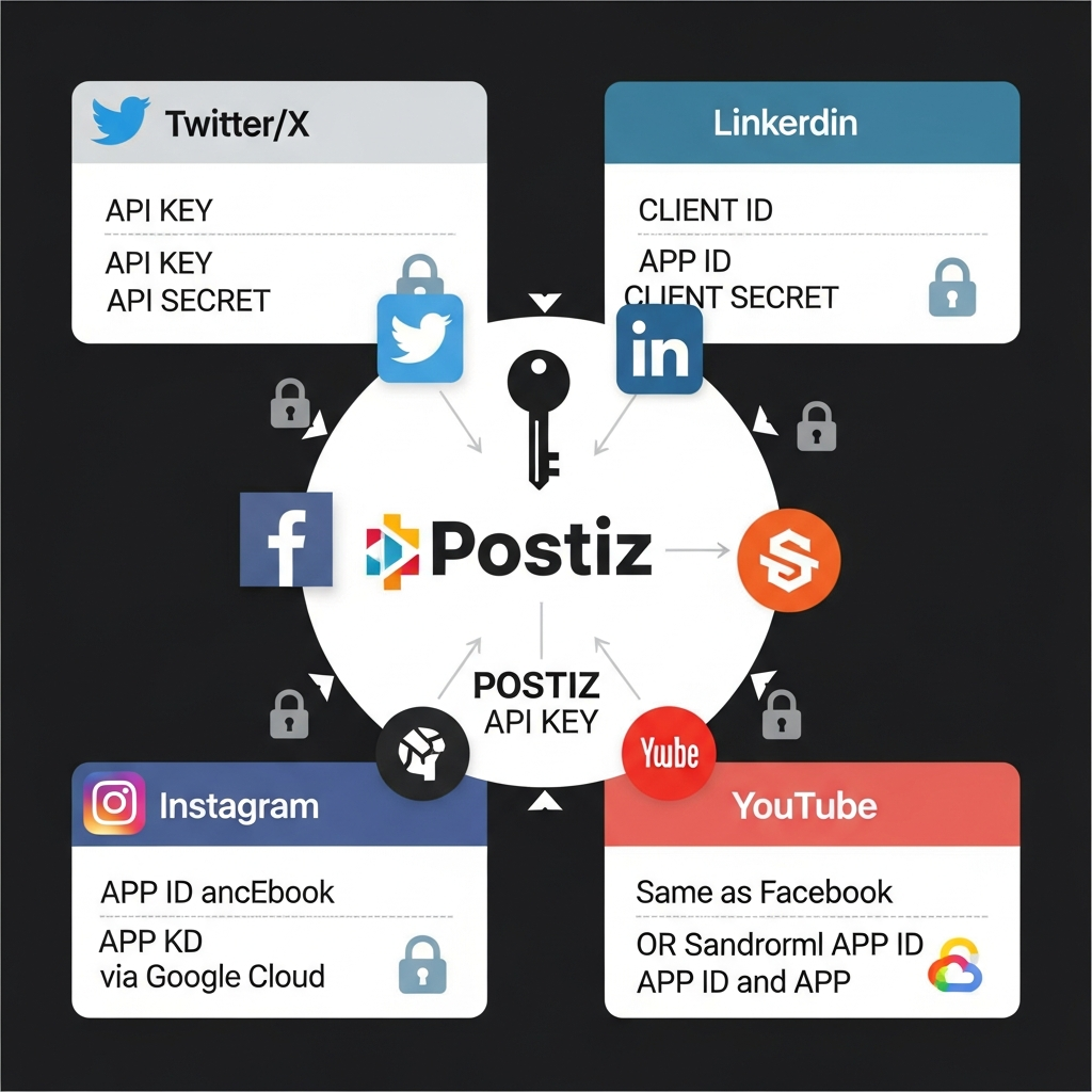 Platform credentials infographic showing required API keys for each social media platform