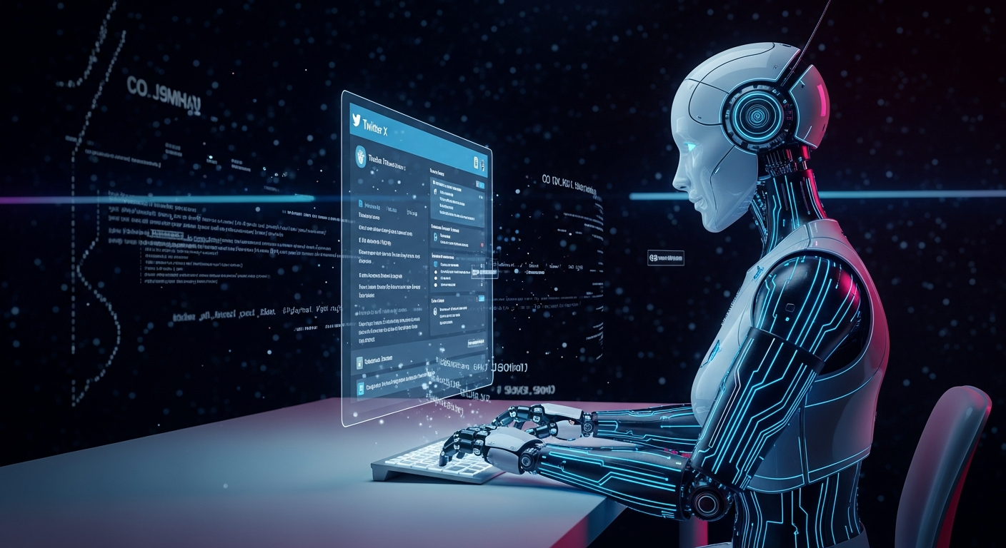 A futuristic AI robot sitting at a desk, looking at a Twitter/X interface on a holographic screen, surrounded by code and circuit patterns