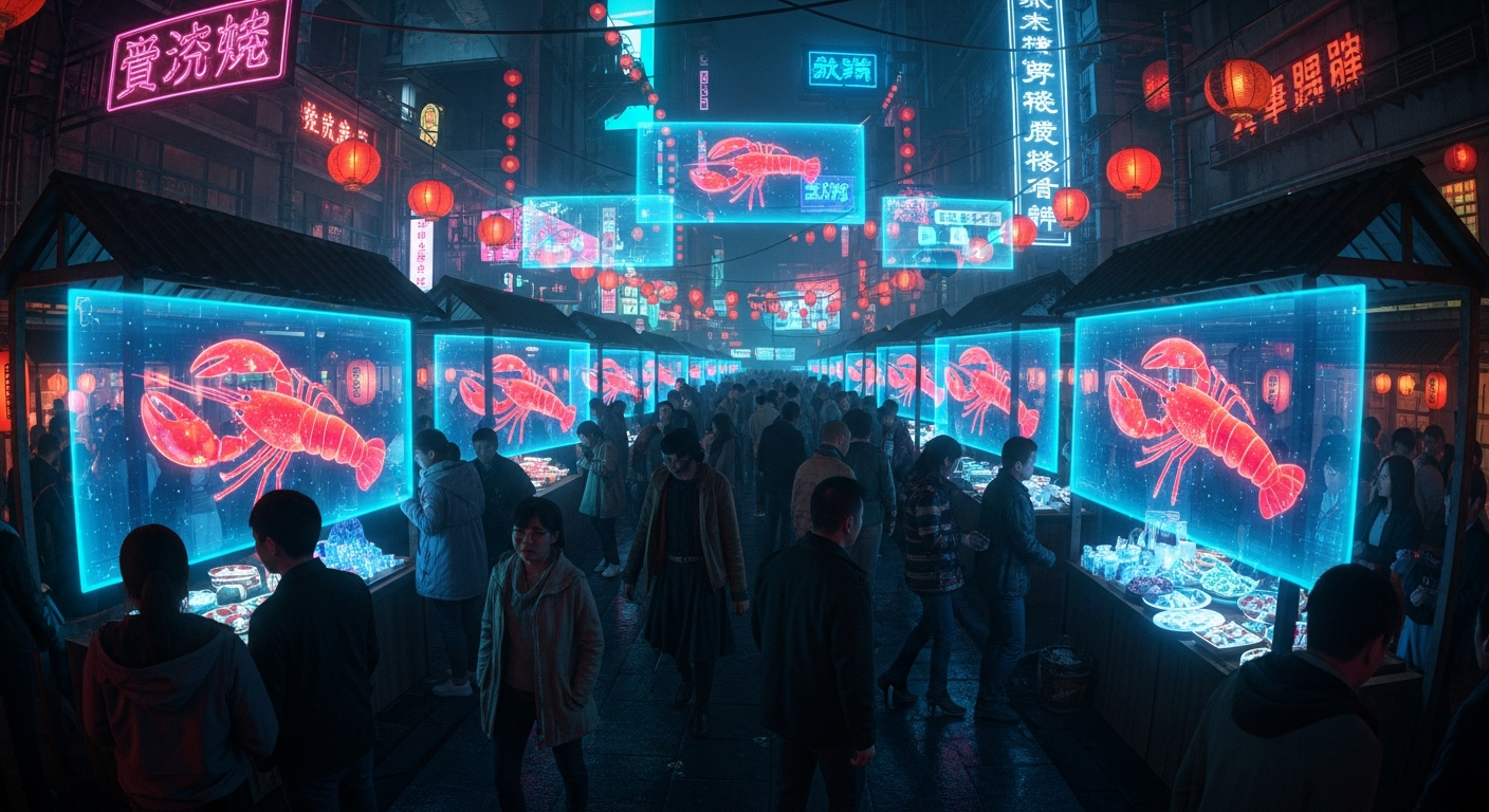 China's "raise a lobster" craze — cyberpunk night market with holographic lobsters