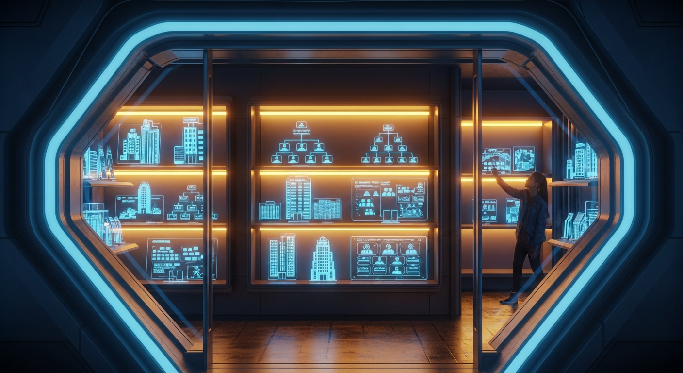 Futuristic marketplace of pre-built AI company templates